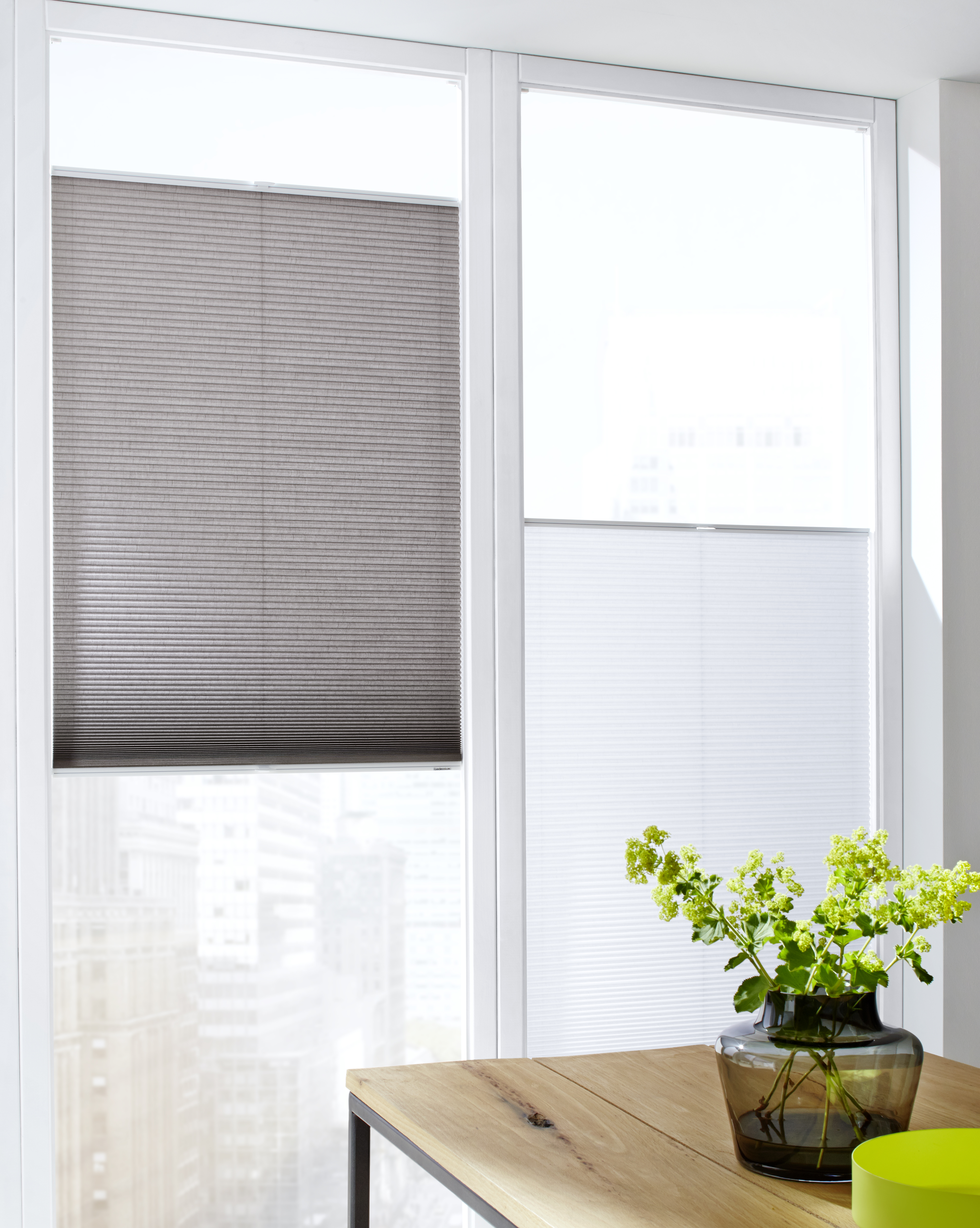 DUETTE® Shades Full Room Photo Top Down Bottom Up Grey And White In Living Room