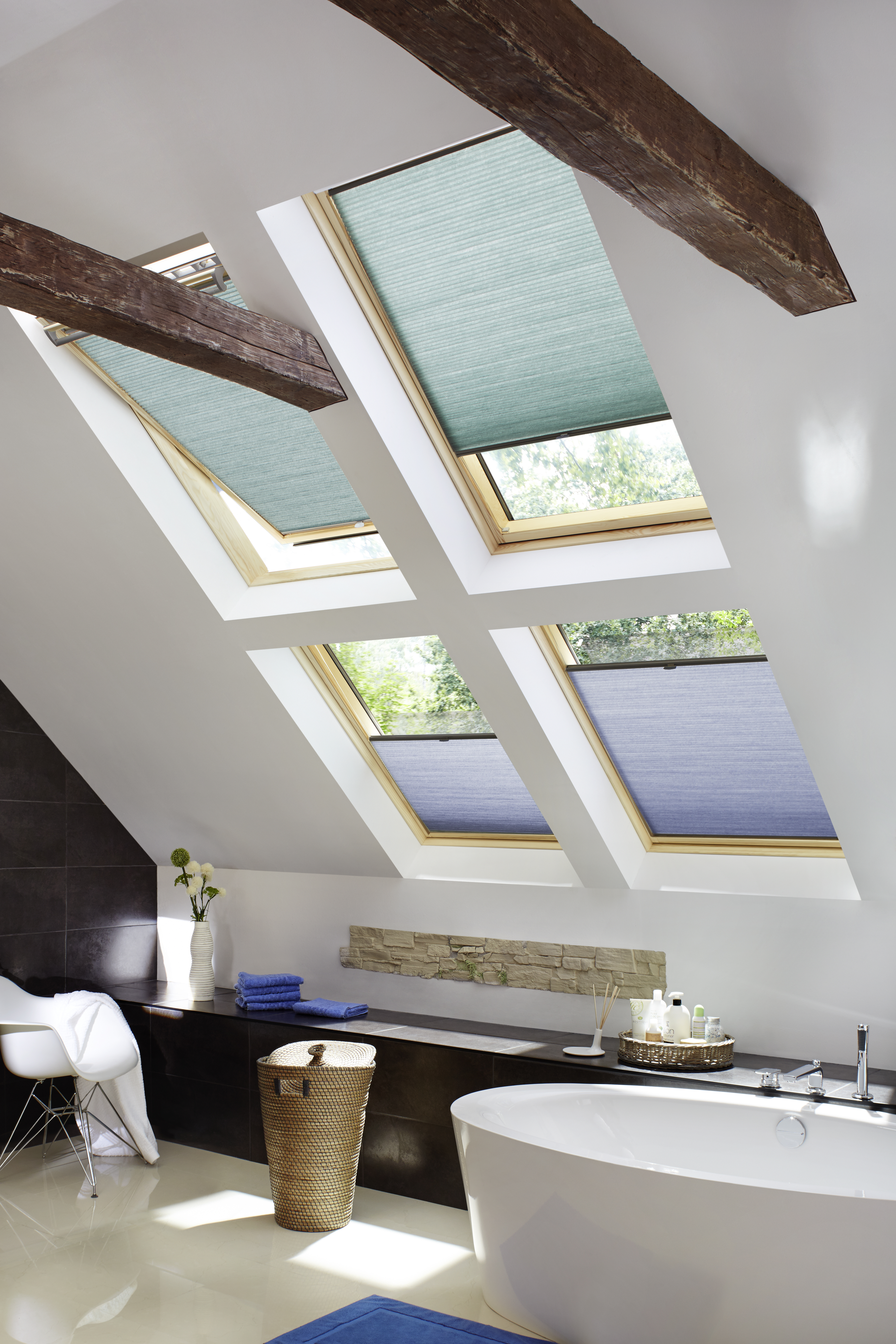 DUETTE® Shades Full Room Photo Top Down Bottom Up Blue And Green Roof Window In Bathroom