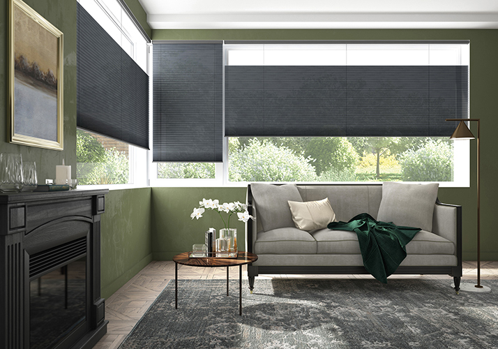 Moderne stue med grønne vegger, grå sofa, mørke plisségardiner og store vinduer med utsikt til hagen.